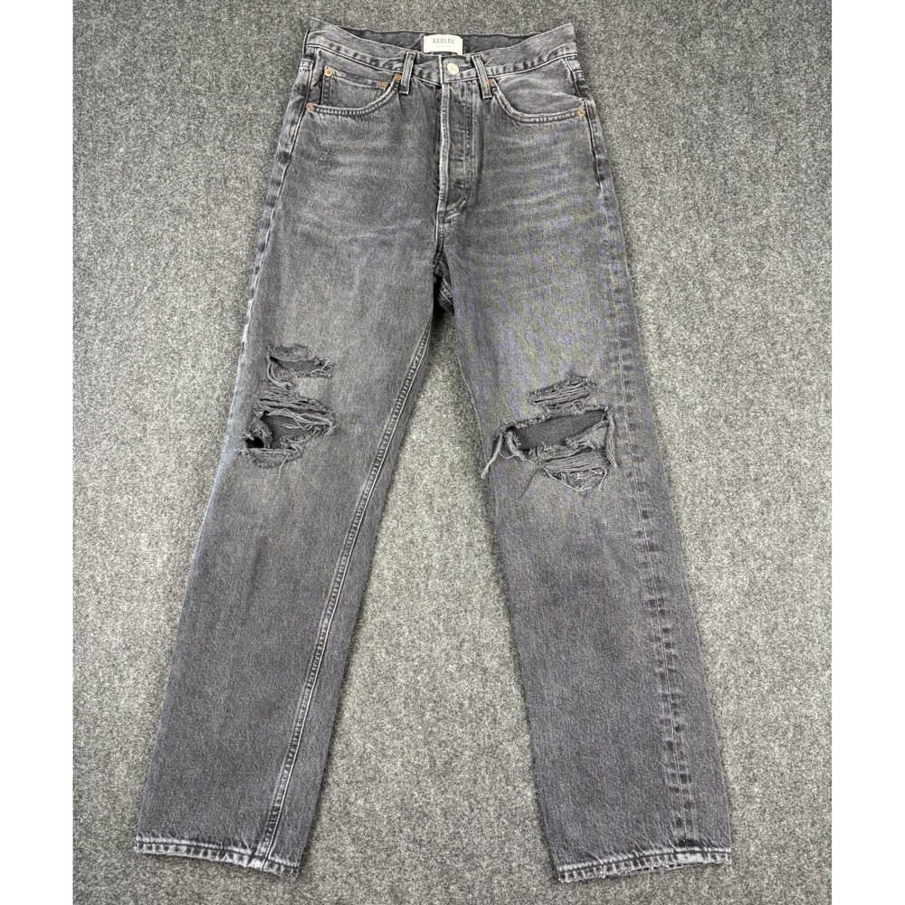 Agolde 90s Jean Distressed High Rise Straight Leg Black Gray Denim A069C-1157 25